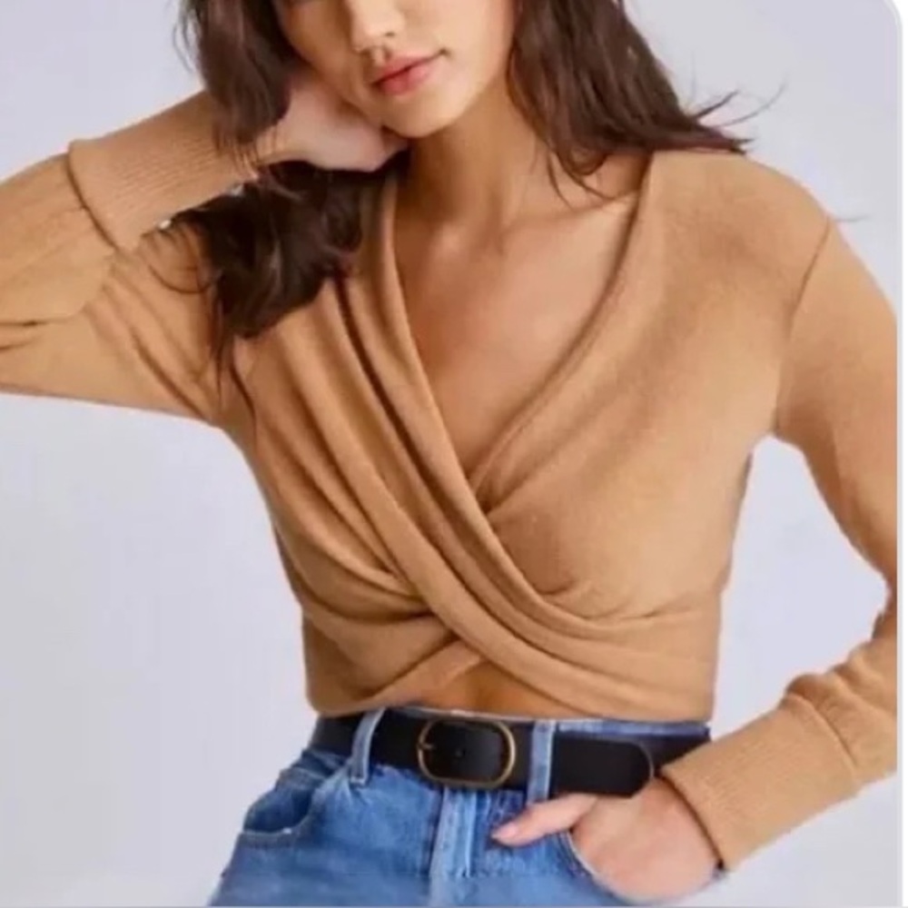 Anthropologie Camel Wrap Front Crop Top
